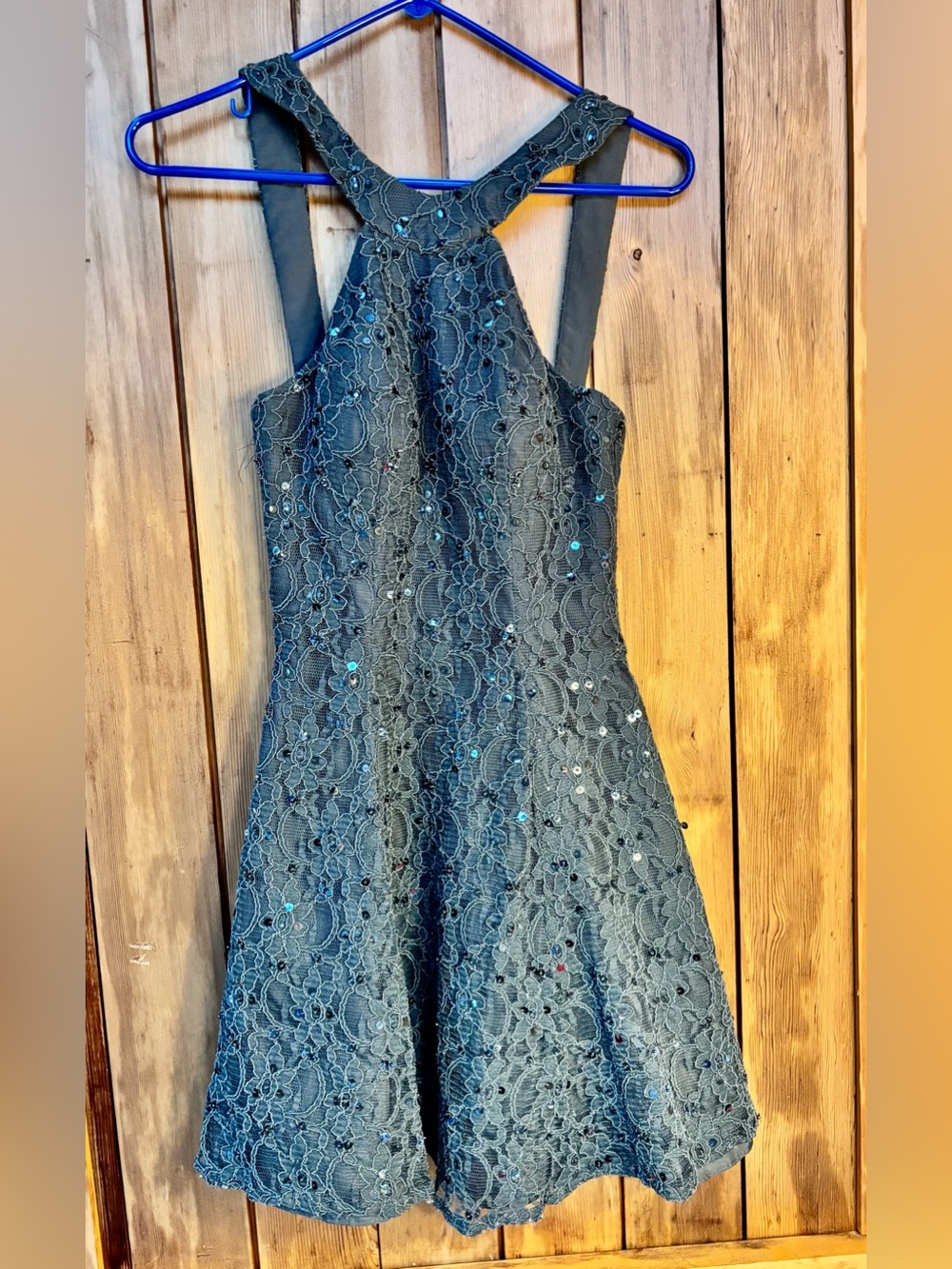 Morilee Madeline Gardner Lace Sequin Halter Mini Dress Grey Charcoal Size 2